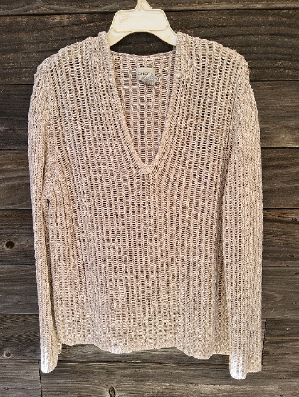 Chico's Open-Weave V-Neck Sweater in Light Beige Size XL